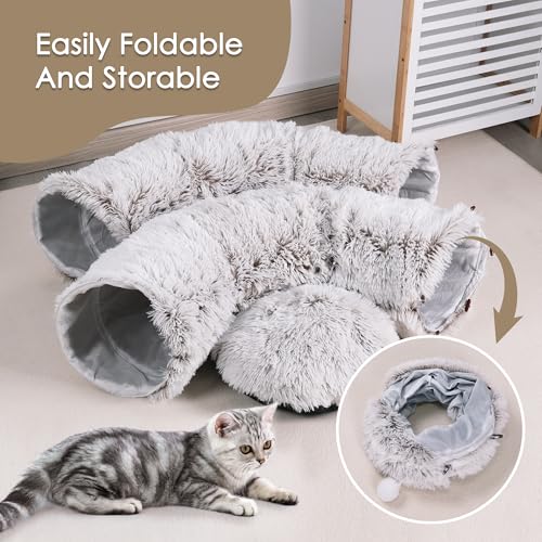 Peekaboo Cat Cave with Washable Mat, Collapsible Cat Play Tunnel for Kittens & Small Pets, Plush Cat Donut Bed Tunnel, Brown - color: brown