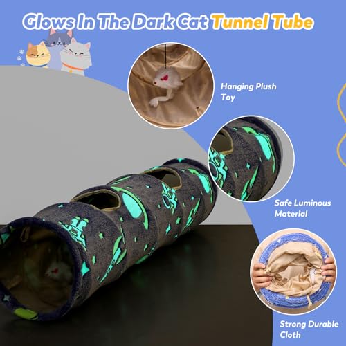 Glowing Astronaut Pattern Cat Tunnel - Collapsible with Plush Balls, Ideal for Indoor Cats, Rabbits, Kittens, Ferrets & Puppies (Blue) - color: BLUE