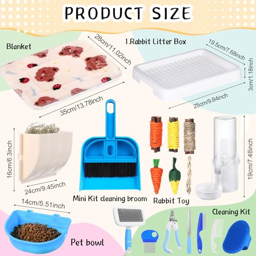 19 Pcs Rabbit Starter Kit Small Bunny Litter Box Animal Grooming Kit Water Bottle Bunny Toys Hay Feeder Bowl Blankets with Cleaning Set for Guinea Pig Rabbit Accessories (White) - color: White, style: Strawberry Bear