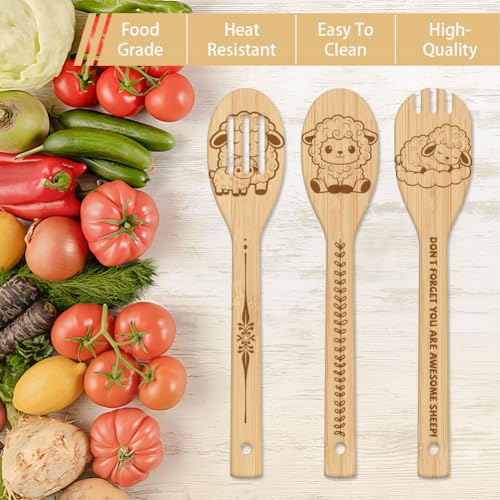 GLOBLELAND 6 Pcs Cute Sheep Wooden Spoons Utensil Set Cute Cartoon Sheep Bamboo Carving Kitchen Cooking Utensils Wooden Engraved Cooking Spatula Sets for Kitchen Fun House Warming Gift - color: Sheep