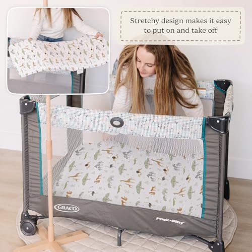 Pack and Play Sheets Fitted, Mini Crib Sheets for Graco Pack N Play Playard (38x26), Ultra Soft Organic Cotton Blend, Safe & Snug Playpen Mattress Sheet for Baby Boys & Girls, Safari Adventure, 2-Pack - color: Safari Animals