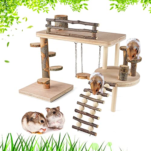 VolksRose Wooden Hamster Playground Platform, Hamster Climbing Toy, Natural Living Climb System, Small Animals Activity Set with Ladder Food Bowl Ramp Bridge for Mouse Gerbil Rat Chinchilla - color: #4