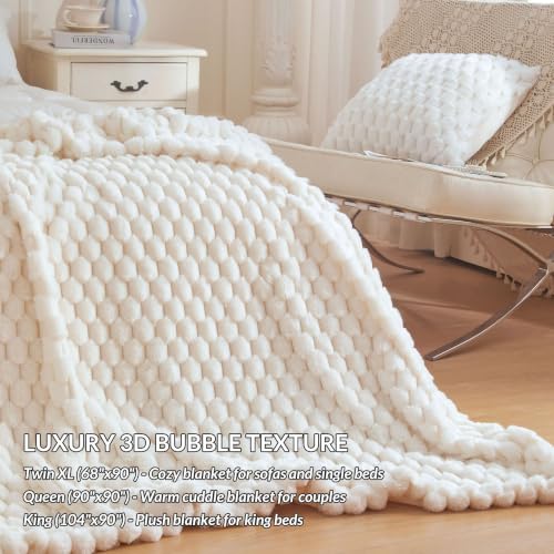 XeGe Luxury Bubble Fluffy Faux Rabbit Fur Bed Blanket Queen Size, Beige | 90"x90", Double-Sided, Hypoallergenic, No-Shed, Machine Washable, Buttery Soft Fuzzy Blanket for Kids Teens Girls Women Mom - color: Beige, size: Queen (90" X 90")
