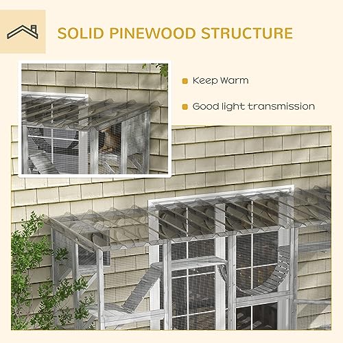 PawHut Catio Outdoor Cat Enclosure Window, 118" x 37.5" x 74", Gray | Outdoor Cat House, Weather Protection Roof, for Multiple Kitties, Wooden Frame, Shelves & Bridges - color: Grey