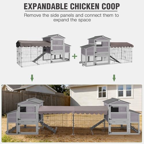 Mobile Chicken Coop with Run, Large Outdoor Wooden Poultry Cage Hen House with Wheels, Nesting Box, Pull-Out Tray, Waterproof Roof, Grey, 79.1" L x 25.2" W x 43.6" H, for 4-6 Chickens - size: 79.1"L x 25.2"W x 43.6"H