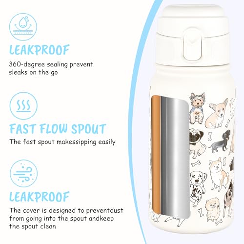 GOPPUS Kids Insulated Water Bottle 12oz, Leakproof Stainless Steel Thermos, BPA Free Double Wall Vacuum Insulated Bottle for School, Travel, Sports & Outdoor Activities, Boys Girls - color: White dog