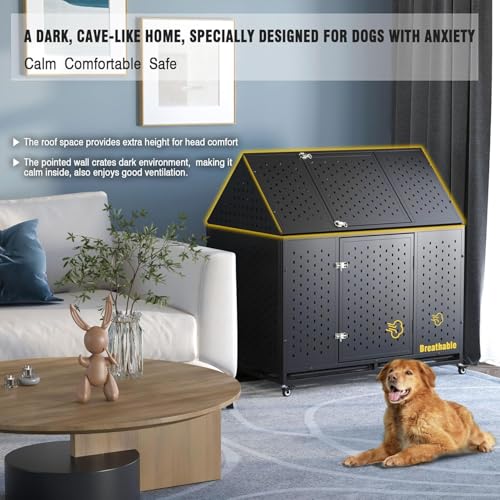 44 inch Heavy Duty Indestructible and Escape-Proof Dog Crate Cage for Large Giant Dogs, Steel Double Door Indoor High Anxiety Pet Kennel with Trays and Wheels, Extra Large XL XXL - size: 43.3"L x 29.5"W x 46.1"H