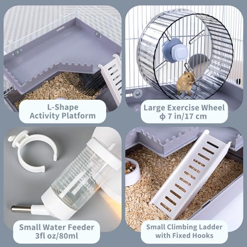 Dwarf Hamster Cage Starter Kit 19x12x12in for Dwarf Hamsters Robo Hamsters | Multilevel Dwarf Hamster Cage with Silent Wheel Ø6", 2 Platforms, 2 Tube Ports, Ladders, Water Bottle, Food Bowl - color: Gray