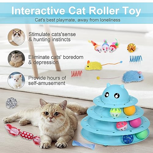 UPSKY 24 PCS Cat Toys Set with Teaser, Mice, Spring, and Various Ball Toys | Puzzle Kitten Toys, Sturdy Structure, Detachable Design, Easy to Assemble, Anti-Slip, Reduces Boredom for Indoor Cats - color: D-24PCS-Blue