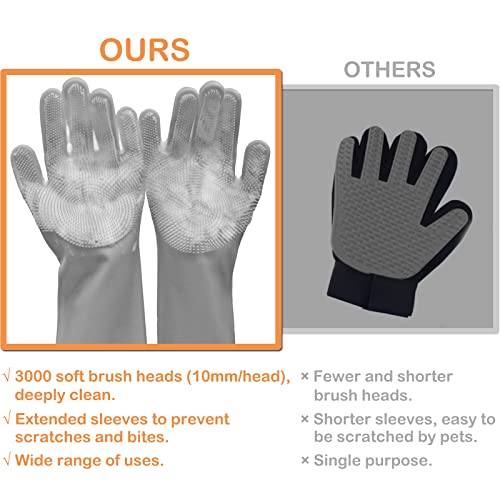 Silicone Pet Grooming Gloves Dog Washing Gloves for Bathing Massaging | 3,000 Soft Bristles, Non-slip & Extended Sleeves, Heat Resistant & Dishwasher Safe, For Cats and Dogs, Home/Car Cleaning - color: Grey