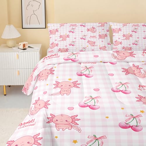 QOOMO Axolotl Comforter Set Twin,Pink Bow Bedding Set for Kids | 3Pcs Bedding Set Printed Comforter with 2 Pillowcases,Soft Microfiber,Lightweight and Comfortable,for All seasons - color: Axolotl 2, size: Twin
