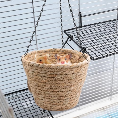 Natural Grass Rat Hammock for Cage, Handwoven Hanging Basket with Sturdy Chains for Small Animals Chinchilla Parrot Sugar Glider Mice, Rat Cage Accessories