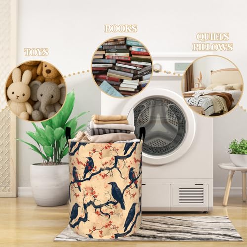 Gothic Crow on Red Blossom Branches Laundry Basket, Dorm Nursery Foldable Laundry Hamper Organizer for Bathroom Decor, Toy Clothes Storage Box for Bedroom 19.7x15.7 Inch - style: Crow03