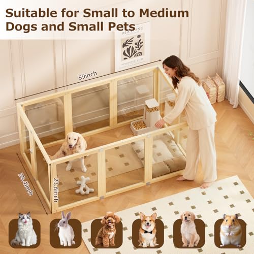 Clear Acrylic Dog Playpen Indoor with Solid Wood Frame, 10 Panels Clear Dog Playpen for Small Dogs, Easy Assembly Acrylic Pet Pen, Safe and Sturdy Play Area for Puppy Rabbit Indoor