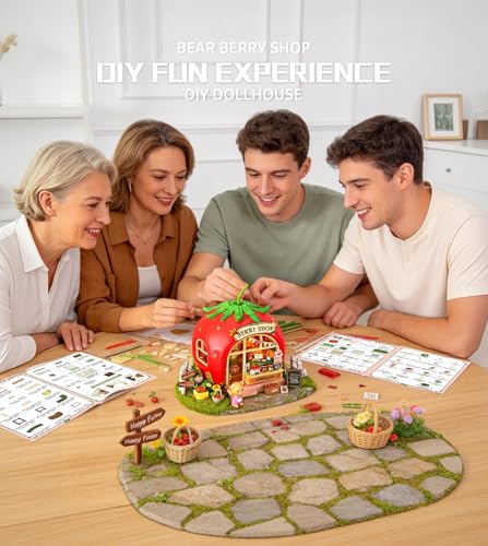 Roroom DIY Miniature House Kit, Strawberry Sweet Shop Dollhouse Kit | Wooden 3D Puzzles for Adults with LED, Bookshelf, Desk and Bedside Room Decor, Relaxing Craft Project, Creative Gift - color: Bear Berry Shop