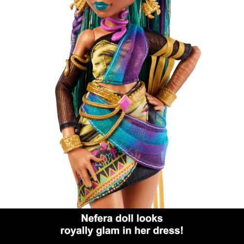 Monster High Nefera De Nile Doll | Royal Mummy in Dress with Pet Scarab Lavish and 7 Accessories like Purse, Laptop, Sunglasses, Drink and Snacks - style: Nefera