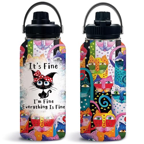 Cat 32oz Water Bottle, with Handle & Lid Bottle, Insulated Cup | 32oz Stainless Steel Tumbler, Leak-proof Reusable Mug, Christmas Birthday Gift for Funny Black Cat Lovers - color: Color Cat