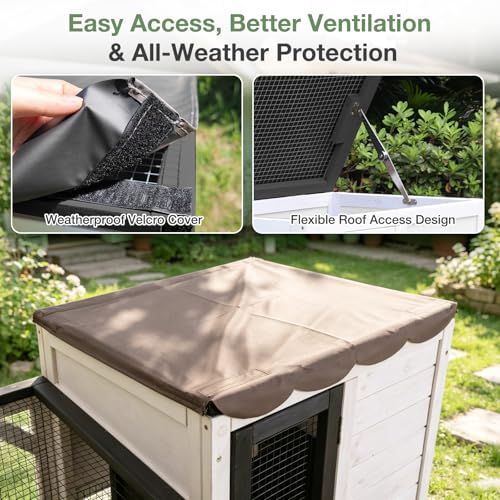 Large Rabbit Hutch Outdoor, 2-Tier Bunny Hutch with Wheels and Waterproof Roof, Wooden Guinea Pig Cage with Leak-Proof Pull-Out Trays, Multi-Door Bunny Cage for Small Animals-Black and White - color: Black and White-AIR7013