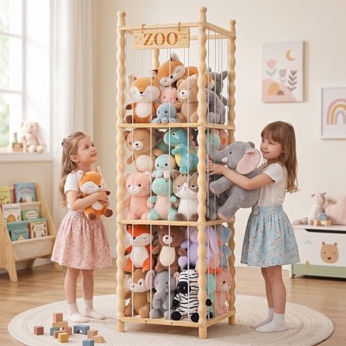 Stuffed Animal Storage Organizer, Wood Animals Zoo Toy Plushies Storage Holder with Cute Wave Design, Large Capacity Plush Toy Cage for Kids Room, Nursery & Playroom Organization(54" Tall)