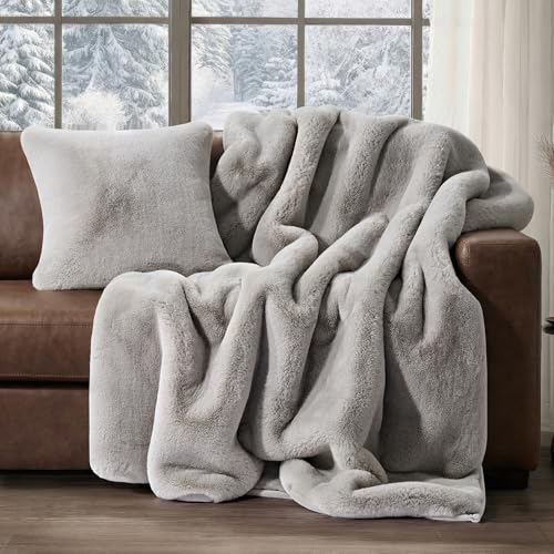 EVERGRACEHOME Faux Chinchilla Fur Throw Blanket, 50"x60", Silver Taupe | Luxury, Super Soft, 1220GSM, Fluffy Cozy Mink, Reversible Velvet Back, Warm Thick Heavy Winter Throw for Couch Bed, Gift - color: Silver Taupe Mink, size: 50"x60"