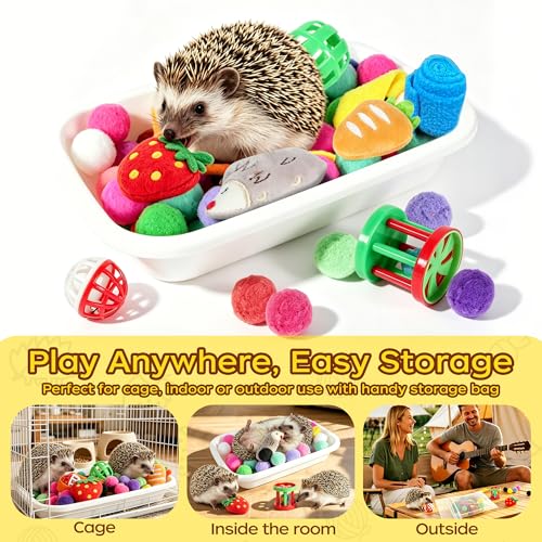 Hedgehog Toys & Accessories, Enrichment Toy Set with Dig Box & Balls | Plush Balls & Fabric Strips, Hedgehog Cage Accessories, Dig Box Toy, Digging Activities, Small Animal Enrichment