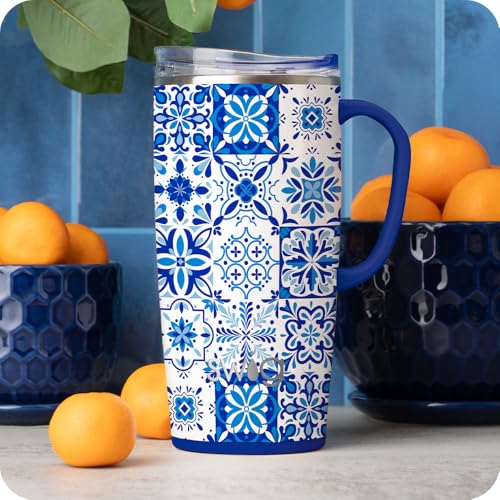 Swig Life 22oz Insulated Travel Mug with Handle & Lid, Indigo Tiles | Triple Insulated Stainless Steel - Handle & Lid Included - Keeps Coffee Hot or Cold - Cup Holder Friendly - color: Indigo Tiles, size: 22 Ounces