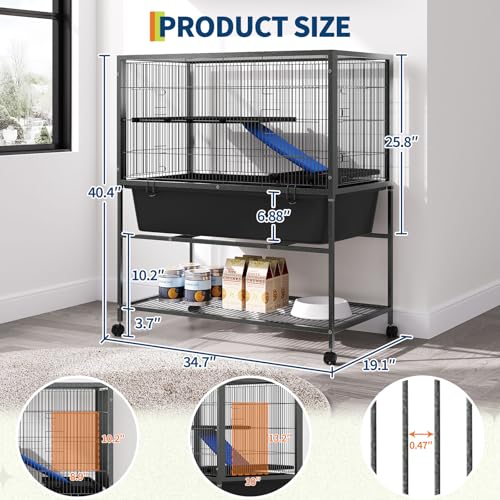 Ferret Cage, 40.5" H Large Ferret Nation Cage with 2 Removable Ramps, Metal Small Animal Cages On Wheels for Chinchillas, Guinea Pigs, Rabbit, Sugar Glider (Grey Hammertone) (41" H)
