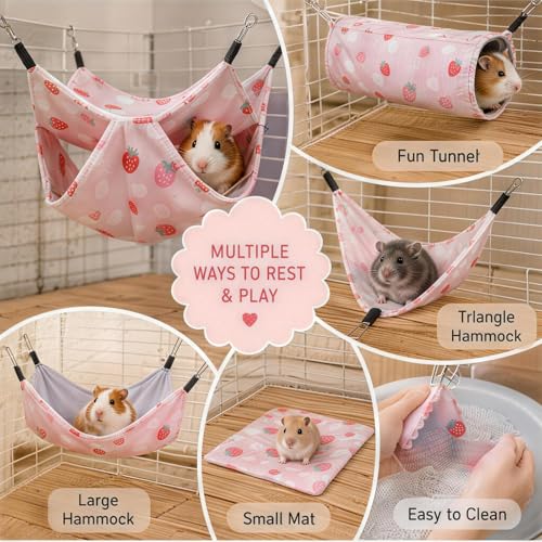 5 Pack Ferret Hammock, Rat Hammock, Washable Guinea Pig Hideout Bed, Soft Hanging Tunnel & Mat, Small Pet Cage Accessories for Chinchilla, Squirrel (Pink)