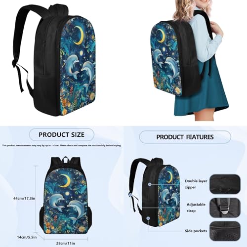 Gold Moon Dolphin Backpacks for School Girls with Lunch Box Container for Kids 8th Grade Kawaii Pencil Box and Insulted Water Bottle Holder 4 Pcs Set Bookbag with Compartment for School - color: Gold Moon Dolphin