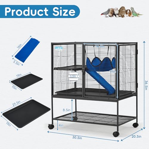HABUTWAY 36.5''H Large Metal Rolling Ferrets Cage, 2-Tiers Small Animal Cages, Cage for Rats/Chinchillas, 0.5'' Bar Spacing for Ferret,Small Animal Cage w/Removable Ramp & Platform - size: 30.3"L x 20.5"W x 36.0"H