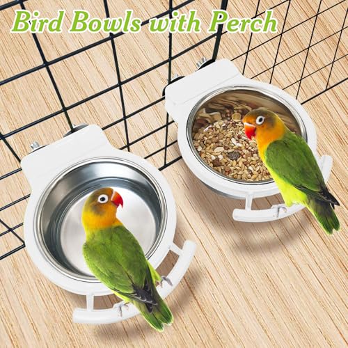 BNOSDM Hanging Stainless Steel Bird Bowls 4 PCS Bird Feeding Dish Cups with Perch Stand Parrot Food Container Food and Water Bowls with Spoon for Budgie Cockatoo Finch Lovebirds Pigeons (White) - color: 4 Pcs White
