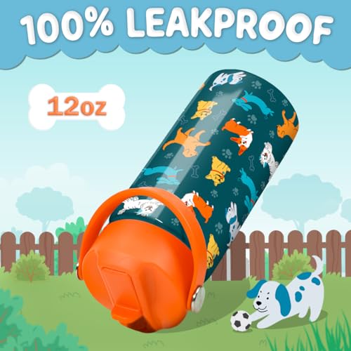 SANDJEST Puppy Water Bottle - Kids Water Bottle with Straw Lid - 12 Oz Insulated Stainless Steel Water Bottles for Kid Boys Girls - Travel Cup for School Sports - color: Puppy