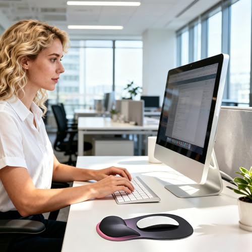 EooCoo Mouse Pad with Gel Wrist Rest, Ergonomic Mousepad Wrist Alignment | Middle Concave Design for Natural Wrist Alignment, Non-Slip Base Mousepad, Carpal Tunnel Relief, Office Desk Accessories - color: Black Pink