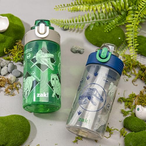 Zak Designs Jurassic World Sage 16oz Leak-Proof Straw Kids Water Bottle | BPA Free Durable Plastic, Cupholder Friendly, Dishwasher Safe, Easy to Clean, Lid Lock, Handle, For School, Home, Travel - color: Jurassic World (Green and Blue)