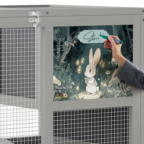 COZIWOW 36.5-Inch Double-Decker Wooden Rabbit Hutch with Wheels, Featuring A Cleaning Tray and Ladder—Stylish and Easy to Assemble（Grey and Pattern） - color: Grey and Pattern