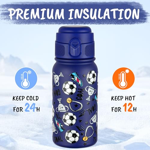 GOPPUS Kids Insulated Water Bottle 12oz, Leakproof Stainless Steel Thermos, BPA Free Double Wall Vacuum Insulated Bottle for School, Travel, Sports & Outdoor Activities, Boys Girls - color: Blue football