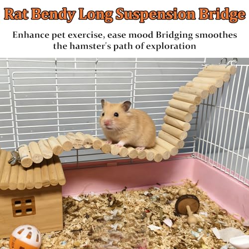 2Pcs Hamster Suspension Bridge 15.7x2.4in Flexible Bendy Climbing Ladder Hanging Wooden Chew Toy for Bird Parrot Chipmunk Sugar Glider Gerbil Mice