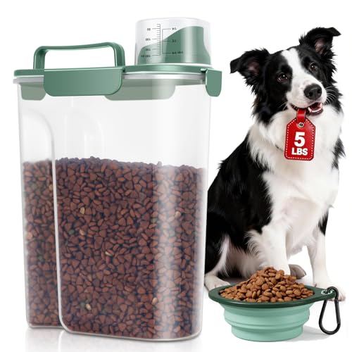 TBMax 5 Lbs Travel Dog Food Storage Container with Collapsible Dog Bowl, Airtight Pet Food Storage Dispenser with Large Spout & Measuring Cup for Kibble Dog Treat Bird Seed Container -Dark Green - color: Dark Green 6Qt