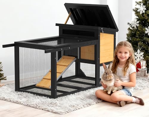 TIMHAKA 2-Story Bunny Hutch with Wheels and Chew-Proof Ramp, Yellow | Indoor Outdoor Bunny Cage w/ Leak-Proof Trays and Openable Waterproof Roof for Rabbits, Guinea Pig, Small Animal - size: 47.2"L x 21.98"W x 27.2"H