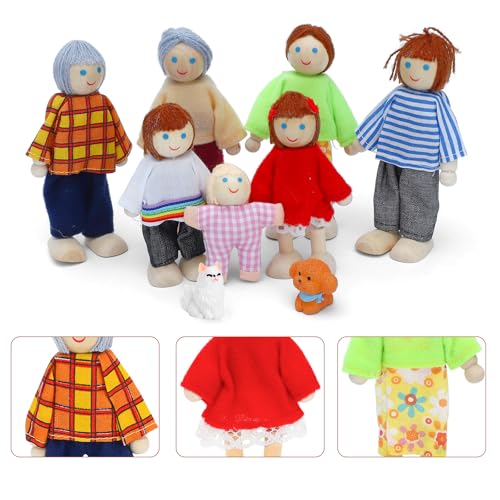 ONEST 17 Pieces Wooden Dollhouse Family Set Mini People Figures Dog Cat Sets Dollhouse Dolls Wooden Doll Family Pretend Play Figures Accessories for Pretend Doll House - style: G Set