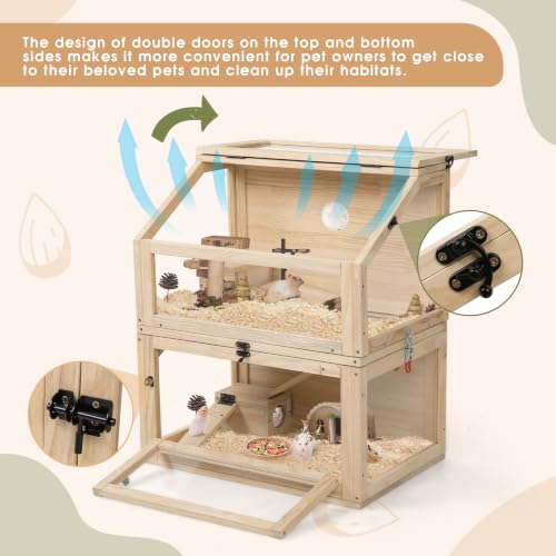 COZIWOW Hamster Cage, 2-in-1 Detachable 2-Tier Stackable Chewproof Wooden Small Animal Habitat with Ramps & Hideouts, 270° Panoramic Acrylic View Openable Wire Top, Large Rat House for Syrian - color: Wood