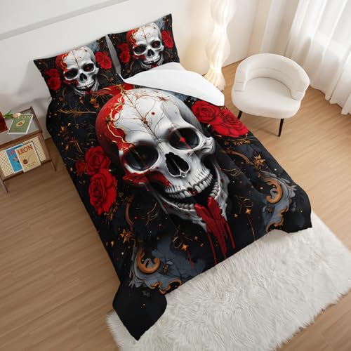 HOSIMA Death Skull Bedding Sets Full for Boys,Symmetrical Skull Surrounded by Red Roses Print Gothic Comforter Set,Horror Themed Halloween Comforter for Teens Girls Room Decor with 2 Pillowcases. - color: Black-white, size: Full