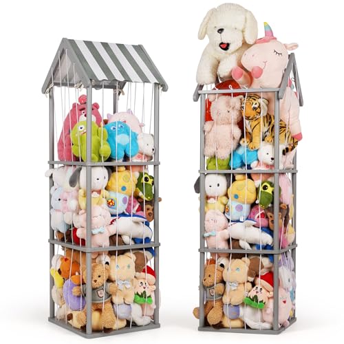 Wooden Stuffed Animal Storage Zoo 3-Tier, Anti-Tip Plush Toy Organizer | Large Capacity Stuffed Animal Organizer Holds 40+ Plushies, Anti-Tip Vertical Corner Toy Holder for Kids Nursery - color: Gray, size: Large