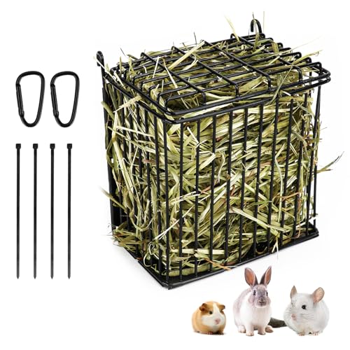 Rabbit Hay Feeder with Lid, Metal Hay Rack with Adjustable Hook | Top Cover Design Helps Keep Hay Clean, Hay Holder for Rabbits, Guinea Pigs, Bunny, Chinchillas and Small Animals (Black) - size: Square feeder