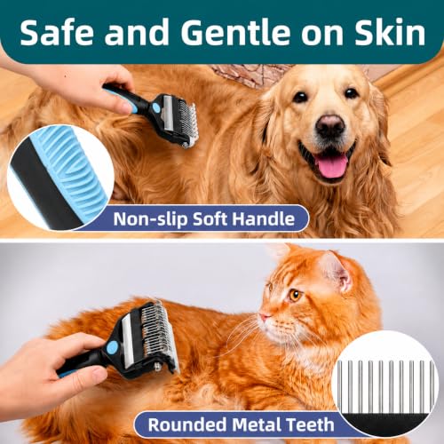 3-IN-1 Pet Grooming Tool - Undercoat Rake, Dematting Comb & Deshedding Brush for Cats, Dogs, Horses - Removes Mats, Tangles & Loose Fur, Reduces Shedding & Prevents Hair Mess (Blue) - color: Blue