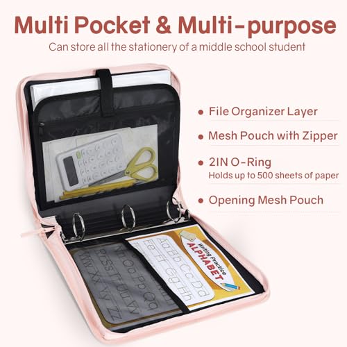 SUNEE Zippered Binder Bag with Handle, 2-Inch 3-Ring O-Ring, 500-Sheet Capacity, Includes Zip Pocket, 5-Tab Expanding File Folder, Multi-Pocket Organizer Binder for Middle School, Pink Lotus - color: Pink Lotus
