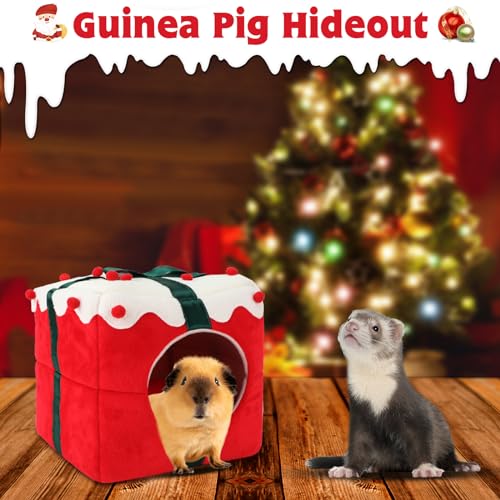 YUEPET Christmas Guinea Pig Hideout, Cozy Small Animal Bed Warm Guinea Pig House with Removable Cushion for Guinea Pigs Chinchillas Dwarf Rabbits Sugar Gliders Hamsters 8.7"×8.7"×8.2" - style: Christmas