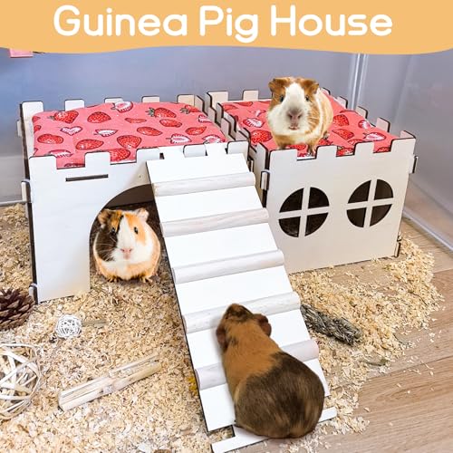 2PCS Guinea Pig Hideout,Large Wooden Guinea Pigs House with Stairs and Mats,Detachable Guinea Pig Castle Hide for Small Animals Hamster Chinchilla Ferret Habitats Accessories - size: 2 Houses