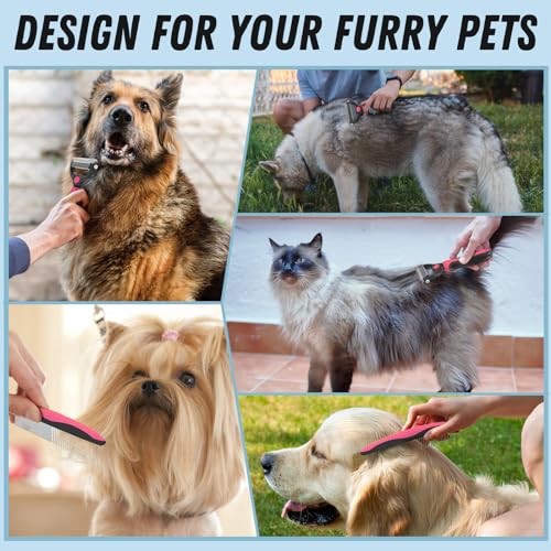 Docrok Pet Grooming Brush and Metal Comb Combo for Dogs & Cats, Pink | Dematting Deshedding Undercoat Rake, Cat Brush Dog Brush Shedding Tool for Long Matted Haired Pets - color: Pink