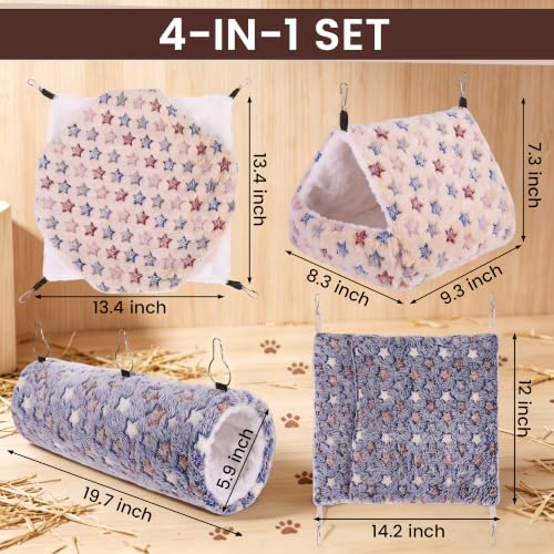 MCEAST 4 Pieces Small Pets Cage Accessories Hanging Hammock Sleeping Bag Tunnel and Bed Hideout Set Warm Sleep Nap Sack Bed for Hamster Ferret Squirrel Rabbit, Light Brown and Gray Stars - style: Brown+Gray Stars